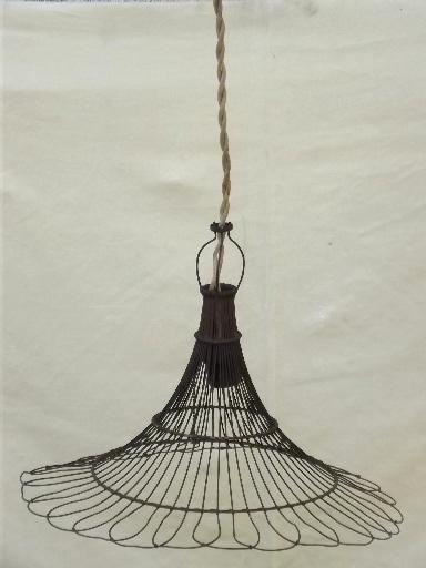 antique wire cage industrial light, early electric pendant light w/ shade