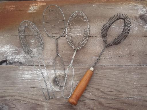 antique wire kitchen utensils, vintage whisks, whippers, strainer spoon