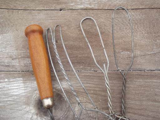 antique wire kitchen utensils, vintage whisks, whippers, strainer spoon