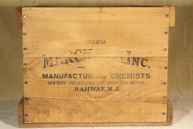 antique wood box Merck Chemists pharmacy shipping crate w/ great vintage typography