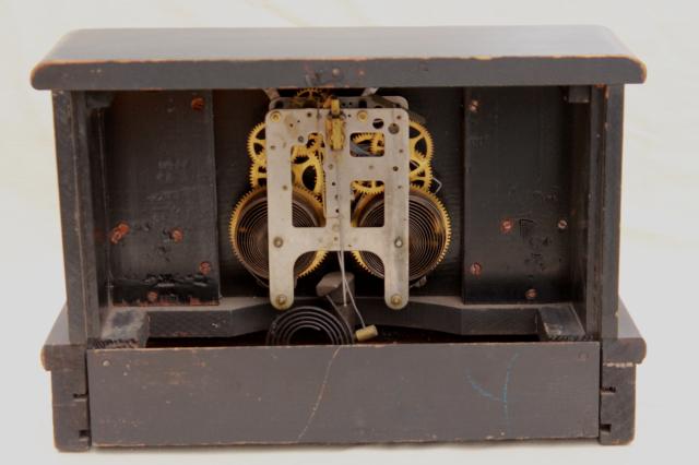 antique wood mantel clock case w/ partial mechanism, paper label Hammond W C Gilbert