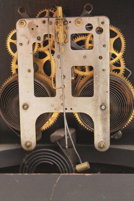 antique wood mantel clock case w/ partial mechanism, paper label Hammond W C Gilbert