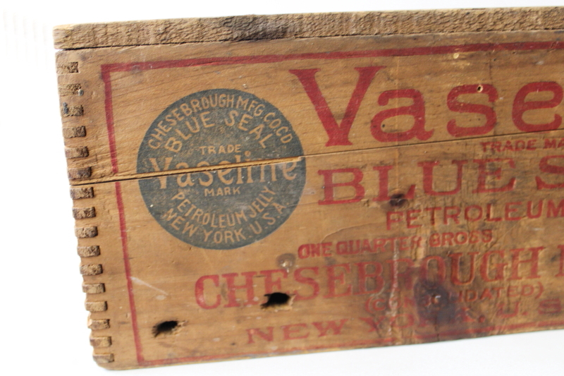 antique wood packing crate Vaseline advertising graphics primitive vintage dovetailed box