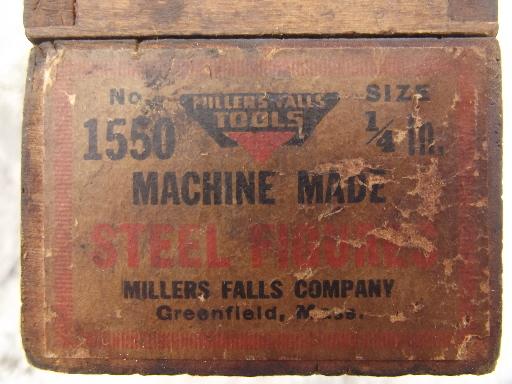 antique wood tool box for number stamps, old Millers Falls paper label