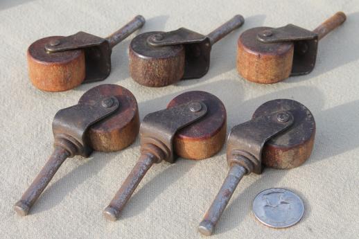 antique wood wheel casters, old wood caster furniture wheels, large lot of 40