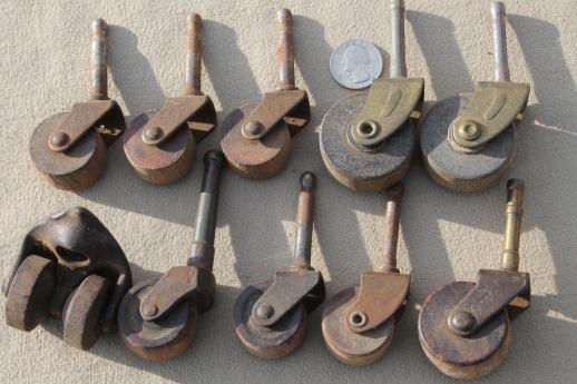 antique wood wheel casters, old wood caster furniture wheels, large lot of 40