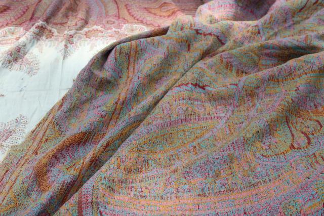 antique wool paisley shawl or table cover, damaged vintage textile fabric to repurpose