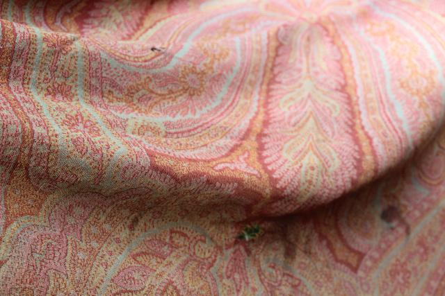 antique wool paisley shawl or table cover, damaged vintage textile fabric to repurpose