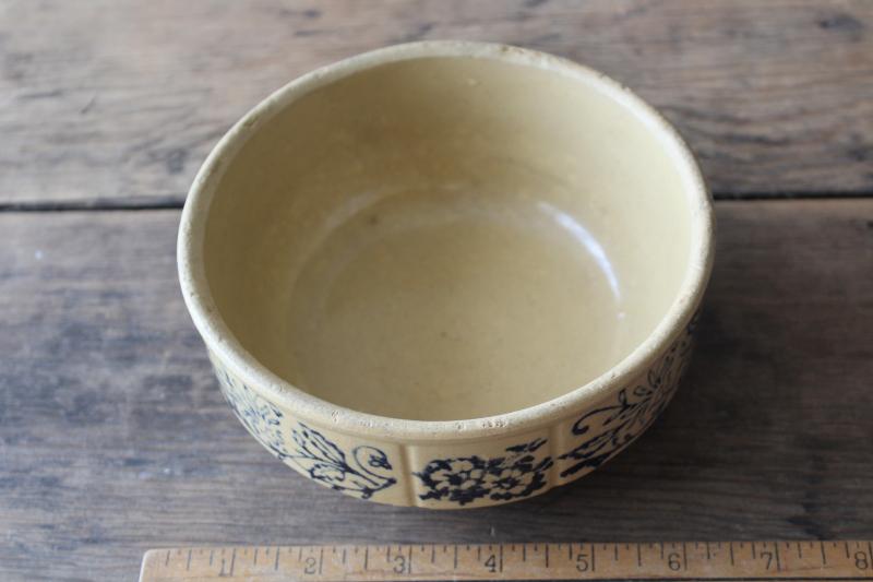antique yellow ware bowl, stoneware crock pottery mixing bowl w/ blue flowered band