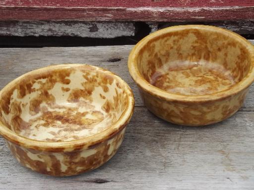 antique yellow ware spongeware pottery bowls, brown sponge stoneware
