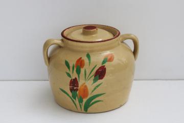 antique yellow ware stoneware crock, 1930s vintage cookie jar USA pottery hand painted flowers