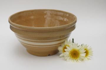 antique yellow ware stoneware pottery mixing bowl w/ white bands, rustic vintage farmhouse