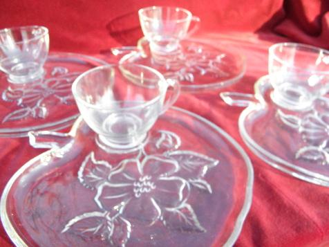 apple blossom pattern vintage glass snack sets, cups & plates