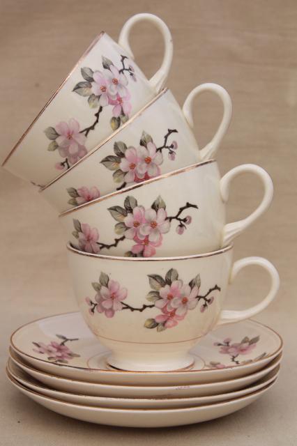 apple blossom vintage china tea cups & saucers Homer Laughlin eggshell nautilus