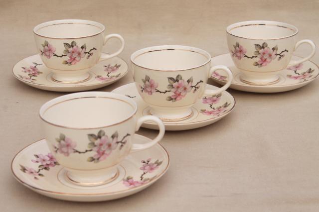 apple blossom vintage china tea cups & saucers Homer Laughlin eggshell nautilus
