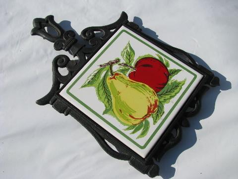 apple & pear, apples & cherries, vintage kitchen trivet & metal litho tray