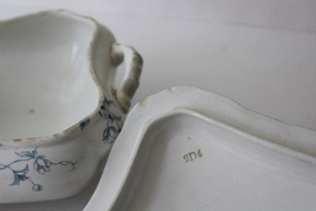 aqua blue Anemone pattern antique English transferware china covered bowl or tureen