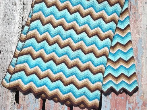 aqua / blue / brown, felted vintage crochet wool afghan throw blanket
