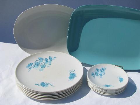 aqua blue cornflowers on white, retro 60s vintage melmac dinnerware lot