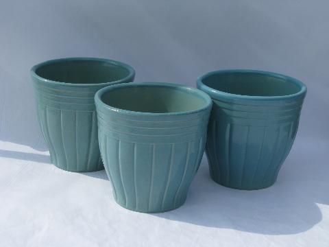 aqua blue country stoneware kitchen crocks lot, Robinson-Ransbottom pottery, Roseville O