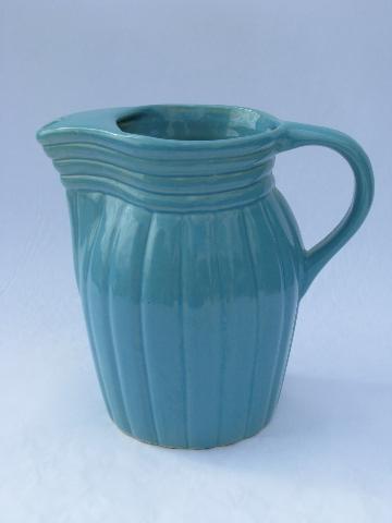 aqua blue country stoneware milk pitcher, Robinson-Ransbottom pottery, Roseville O