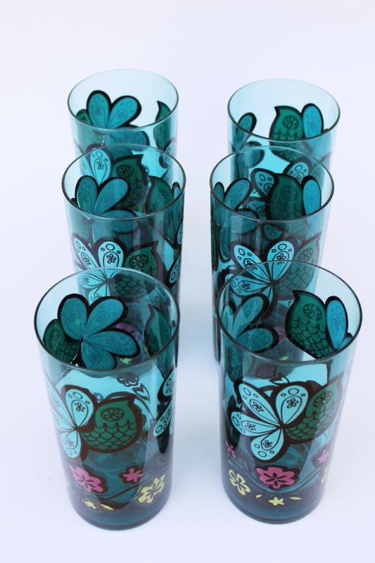 aqua glass tumblers, set of 6 drinking glasses w/ mod doodle art birds & flowers