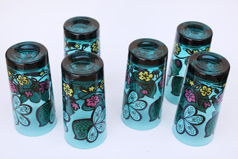 aqua glass tumblers, set of 6 drinking glasses w/ mod doodle art birds & flowers
