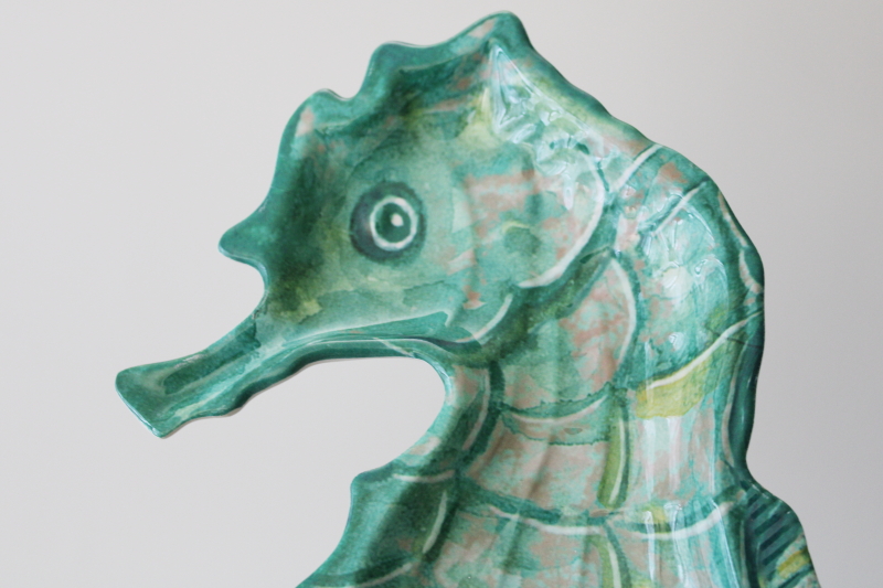 aqua green seahorse shape melamine trays, coastal or mermaid style decor