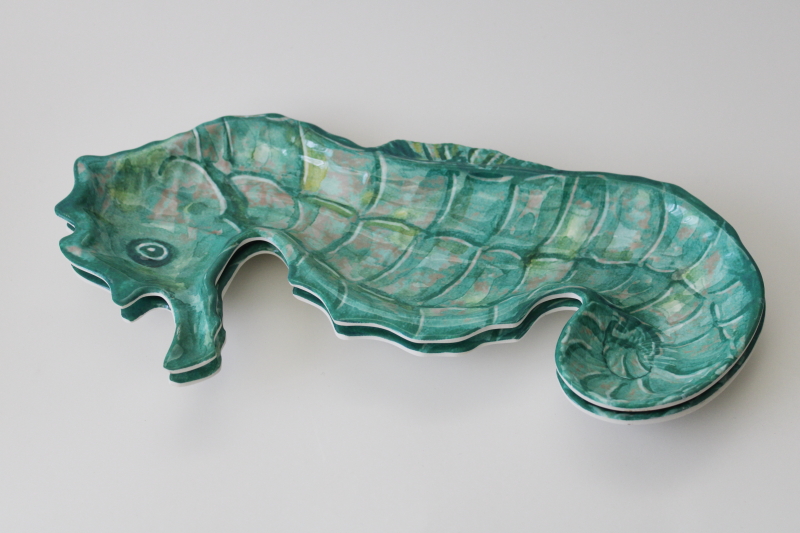 aqua green seahorse shape melamine trays, coastal or mermaid style decor