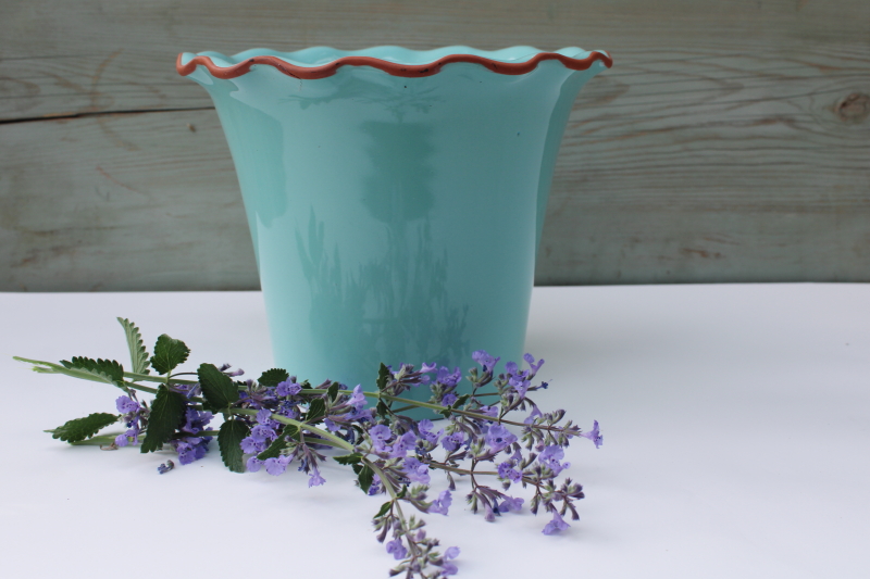 aqua terracotta ceramic planter pot flower vase, vintage Portugal pottery Val do Sol