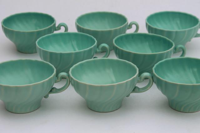 aqua turquoise blue matte glaze ceramic tea cups, vintage Franciscan pottery