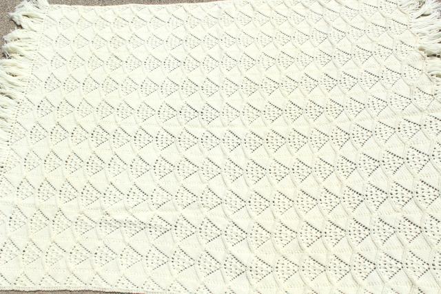 aran hand knit acrylic afghan, lap throw blanket, vintage fan knitted lace