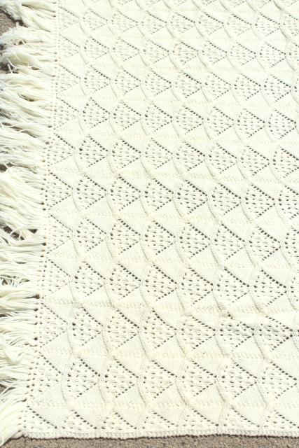 aran hand knit acrylic afghan, lap throw blanket, vintage fan knitted lace