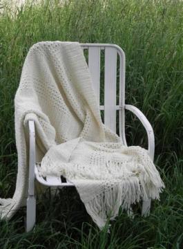 aran ivory handmade crocheted afghan, cream colored throw blanket