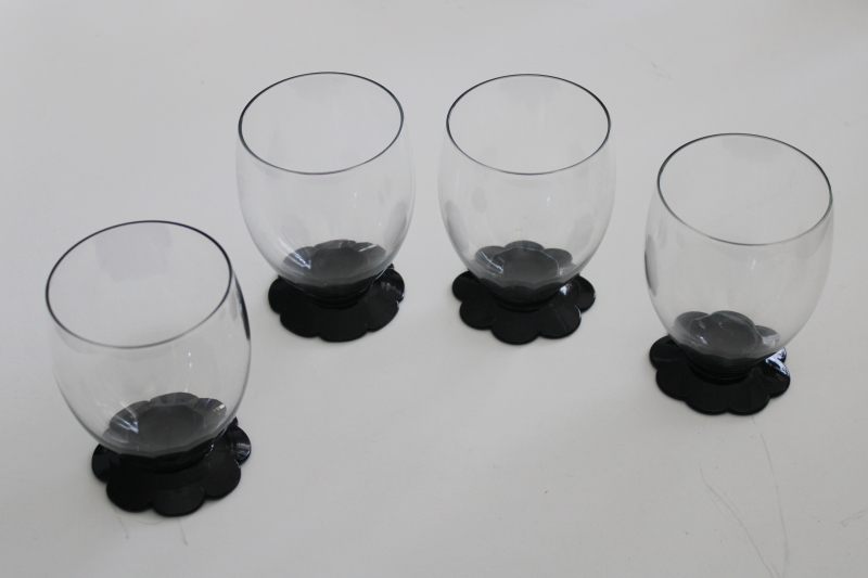 art deco Weston crystal ebony black glass footed glasses, vintage depression glass
