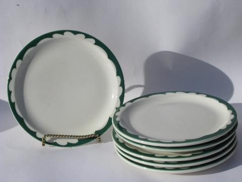 art deco airbrush green border, vintage white ironstone railroad china salad or lunch plates