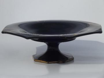 art deco black glass compote, vintage ebony opaque glass w/ gold 