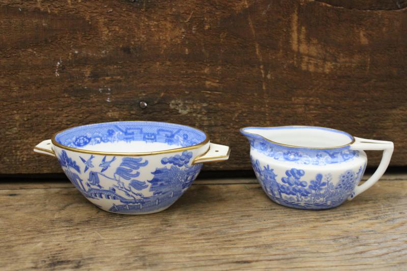 art deco blue willow china cream pitcher and sugar bowl set, vintage Staffordshire