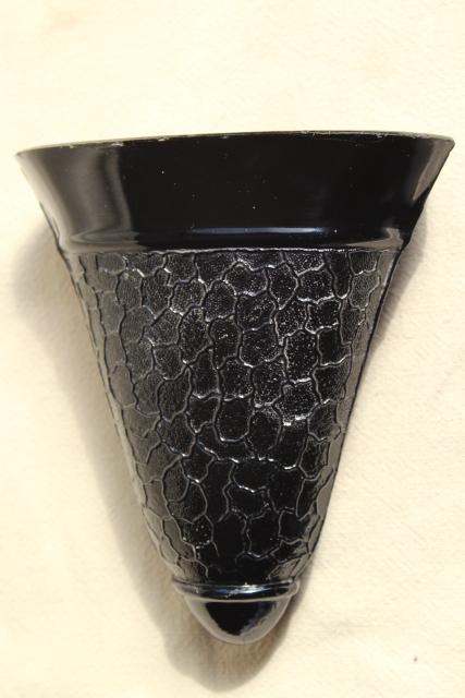art deco ebony black glass wall pocket vases pair, vintage Imperial crackle pattern glass