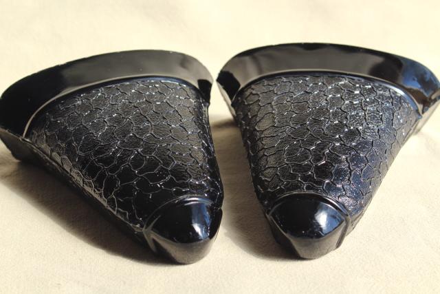 art deco ebony black glass wall pocket vases pair, vintage Imperial crackle pattern glass
