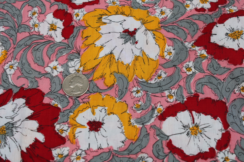 art deco floral print vintage cotton fabric, red  yellow poppies w/ grey on pink