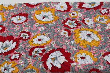 art deco floral print vintage cotton fabric, red  yellow poppies w/ grey on pink