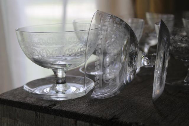 art deco glass sherbets with attached saucers, 1920s vintage needle etch Federal glass