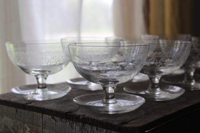 art deco glass sherbets with attached saucers, 1920s vintage needle etch Federal glass