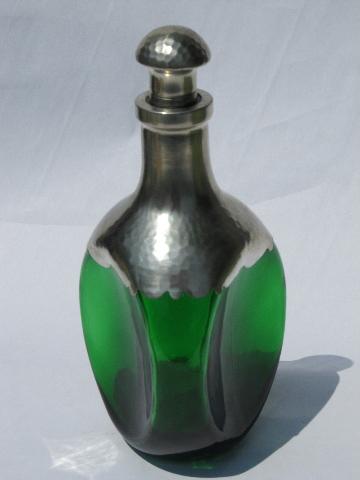 art deco hammered pewter overlay green glass liquor decanter bottle