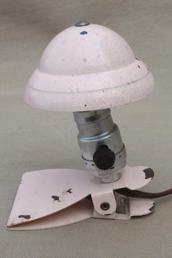 art deco metal helmet shade clip-on book light, vintage electric reading lamp