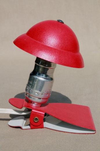 art deco metal helmet shade clip-on book light, vintage electric reading lamp 