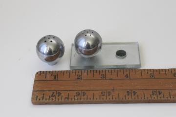 art deco metal sphere salt  pepper shakers, 1930s vintage Chase chrome orbs mirror tray