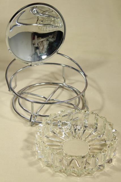 art deco moderne vintage glass and chrome ashtray or server, tilt lid w/ lever lift