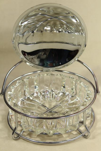 art deco moderne vintage glass and chrome ashtray or server, tilt lid w/ lever lift
